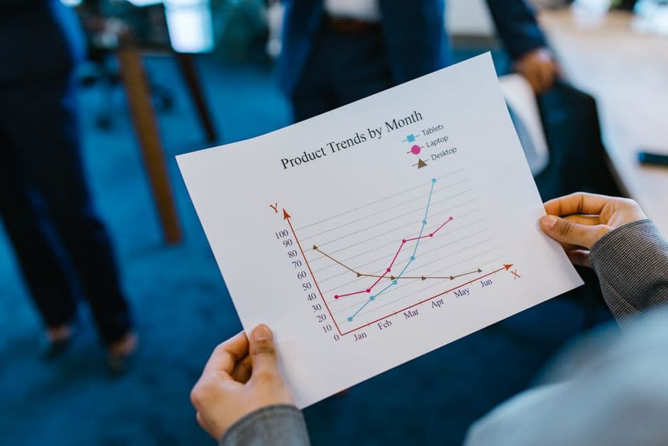 Close-up of hands holding a product trend chart in a corporate office setting.